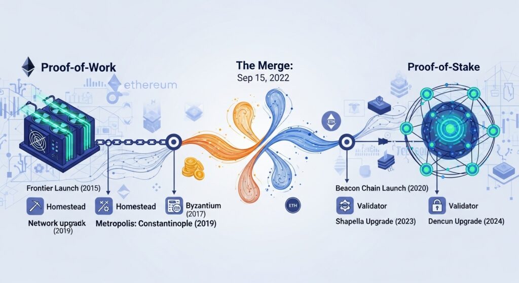 Ethereum 2.0 upgrade timeline showing merge to proof of stake and network improvements