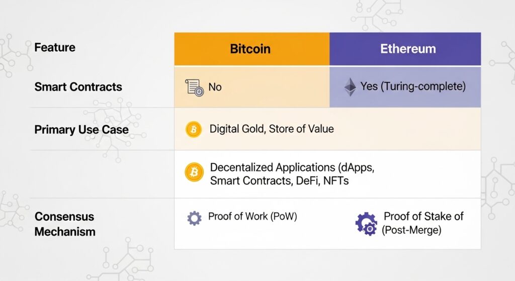 Ethereum versus Bitcoin comparison chart showing technology and use case differences