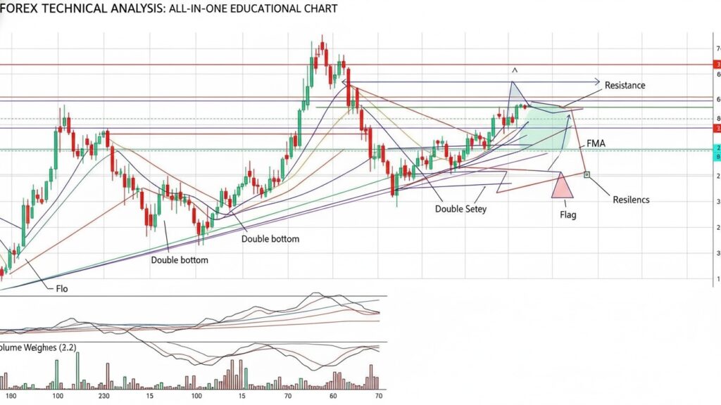 Gráfico de análisis técnico forex mostrando indicadores, medias móviles y patrones de gráficos para trading de divisas