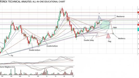 Gráfico de análisis técnico forex mostrando indicadores, medias móviles y patrones de gráficos para trading de divisas