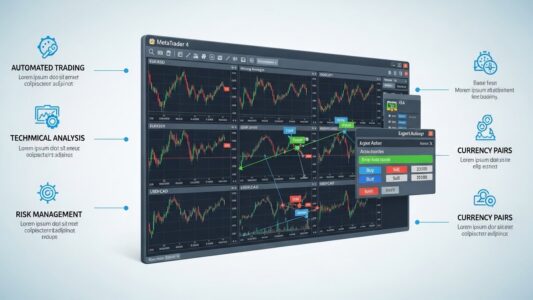 Automated forex trading setup showing MetaTrader 4 platform with Expert Advisor running, multiple currency pair charts with indicators and automated trades