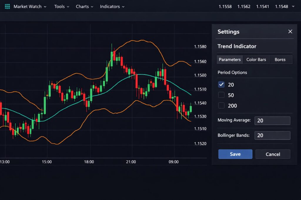 Forex chart illustrating trend indicators and moving averages used in technical analysis forex.