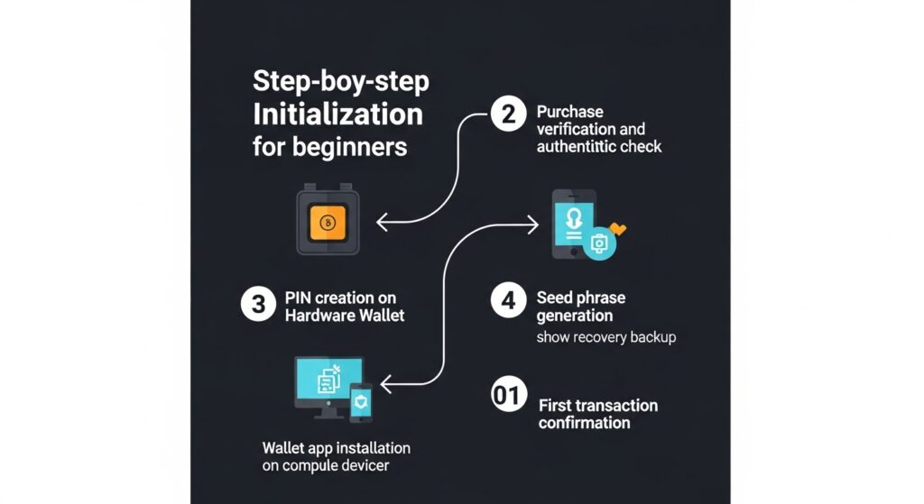 Step-by-step infographic showing hardware wallet initialization process, including purchase verification, PIN creation, seed phrase backup, wallet app installation, and first transaction confirmation.