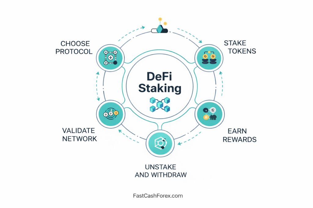 Circular diagram explaining how DeFi staking works, including choosing a protocol, staking tokens, network validation, earning rewards, and unstaking