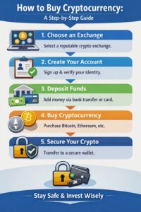 How to buy cryptocurrency step by step infographic showing choosing an exchange, creating an account, depositing funds, buying crypto, and securing a wallet