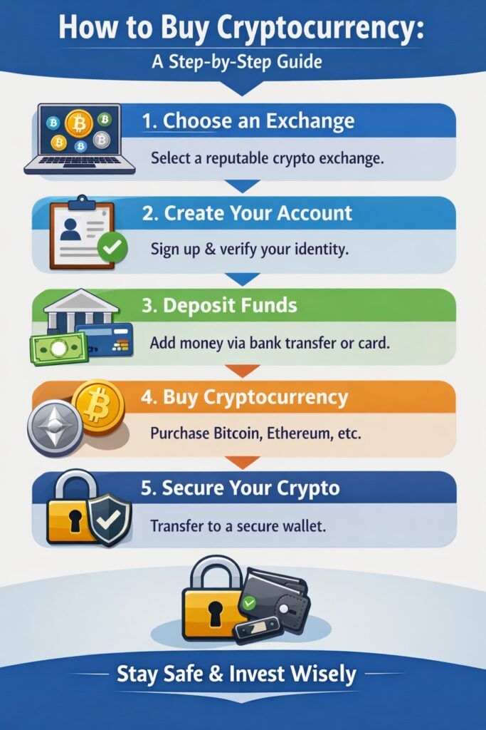 How to buy cryptocurrency step by step infographic showing choosing an exchange, creating an account, depositing funds, buying crypto, and securing a wallet