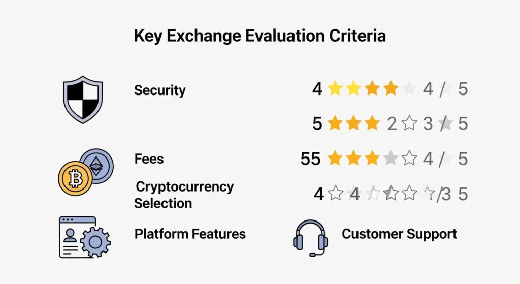 Infographic showing key exchange evaluation criteria with icons