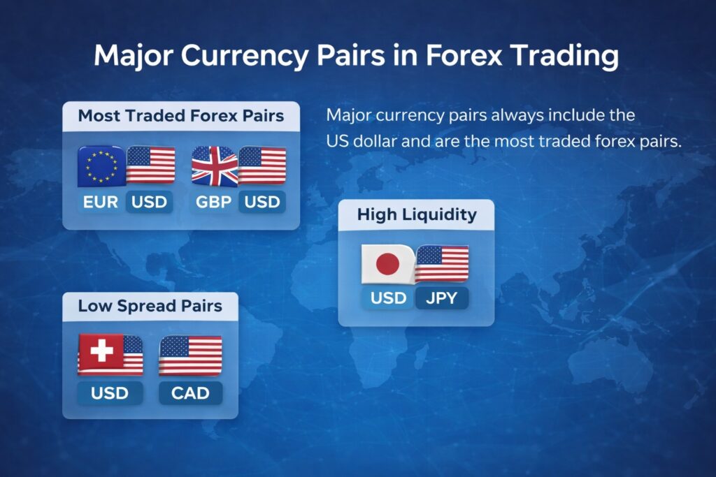 أزواج العملات الرئيسية السبعة في الفوركس: EUR/USD, GBP/USD, USD/JPY, USD/CHF, USD/CAD, AUD/USD, NZD/USD