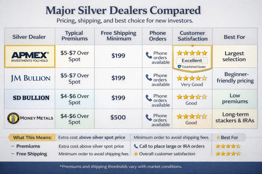 Major silver dealers comparison showing major silver dealers (APMEX, JM Bullion, SD Bullion, Money Metals) 