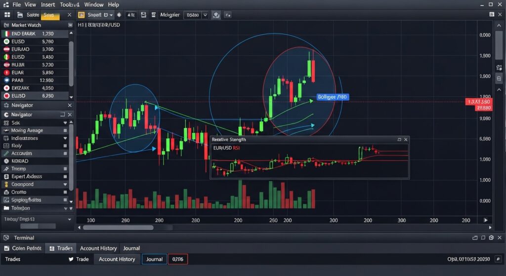 Actual trading interface with charts and indicators