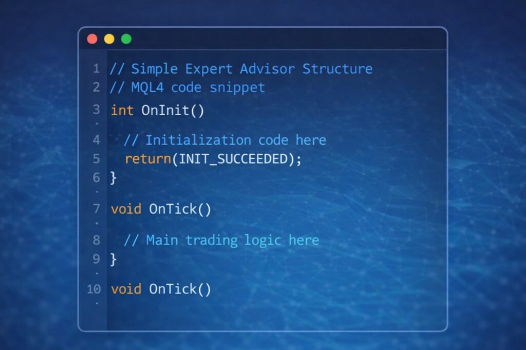 MQL4 Expert Advisor code structure showing OnInit and OnTick functions for automated forex trading.
