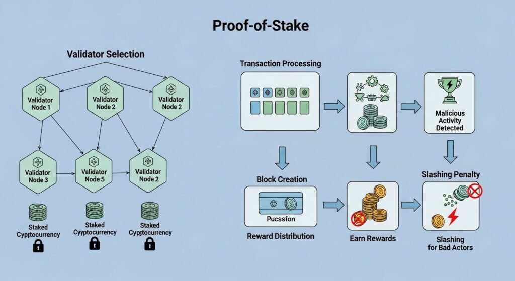 Proof of work versus proof of stake comparison showing energy efficiency and validation methods