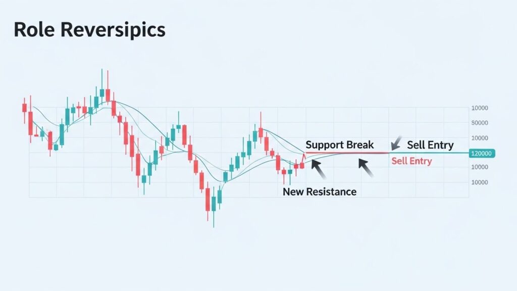 Forex role reversal in technical analysis forex infographic showing support breaking and turning into resistance on a price chart.
