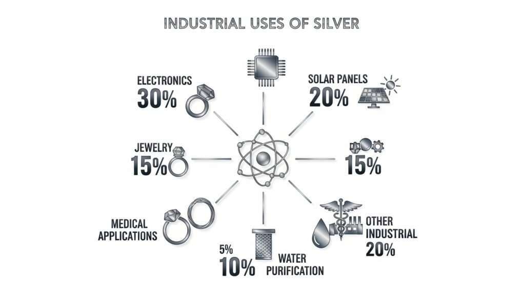 Silver’s industrial uses with icons and percentages