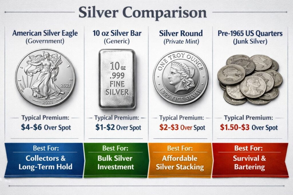 Product comparison showing four types of silver investments: American Silver Eagle coin, 10 oz generic silver bar, private mint silver round, and pre-1965 US quarters (junk silver), with labeled premium ranges and typical use cases.