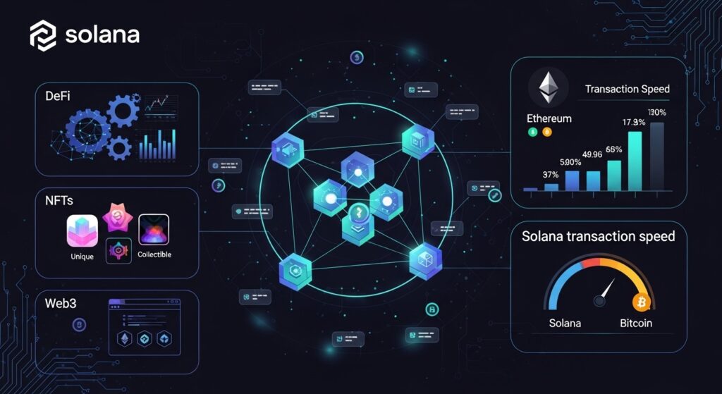 Solana ecosystem infographic showing high-speed blockchain network with DeFi protocols, NFT marketplace, Web3 applications, and transaction speed comparison versus Ethereum and Bitcoin