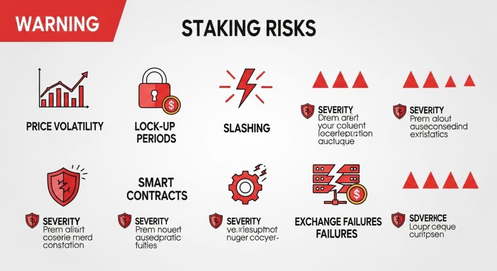 Cryptocurrency staking risks warning showing slashing penalties and price volatility