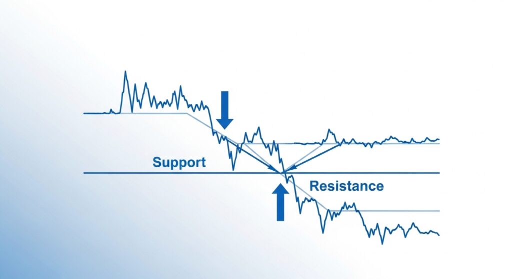 Forex role reversal in technical analysis forex infographic showing support breaking and turning into resistance on a price chart.
