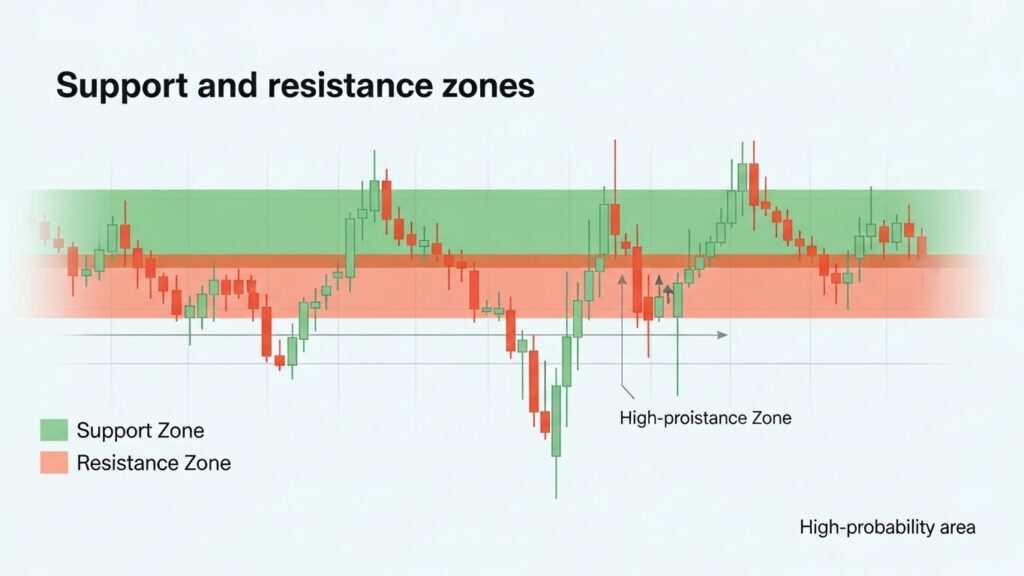 Forex support and resistance zones illustrated on a price chart in technical analysis forex.