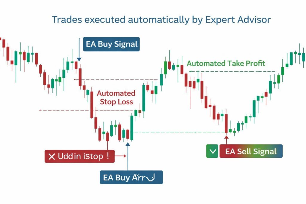 Automated forex trading example showing Expert Advisor buy and sell signals with stop loss and take profit levels on a price chart.