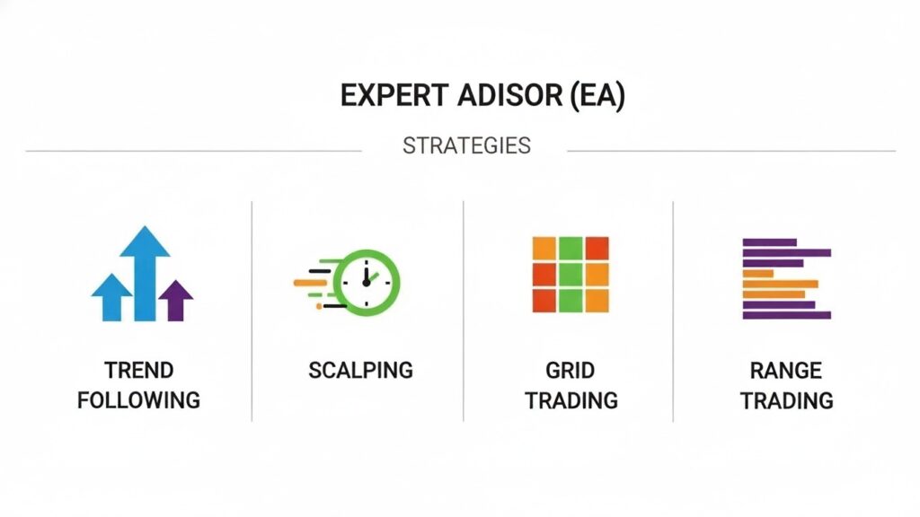 Different Expert Advisor EA Strategies types with icons 