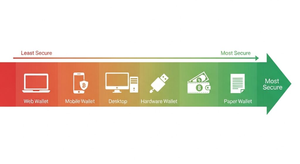 Cryptocurrency wallet security spectrum from web wallets to paper wallets.