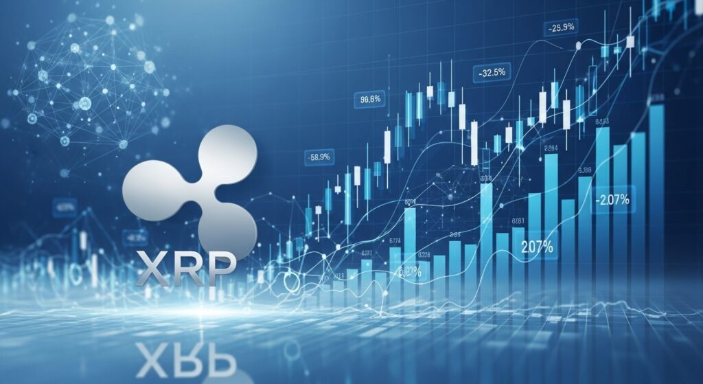 Cryptocurrency trading illustration featuring XRP coin with digital price charts and blockchain network background