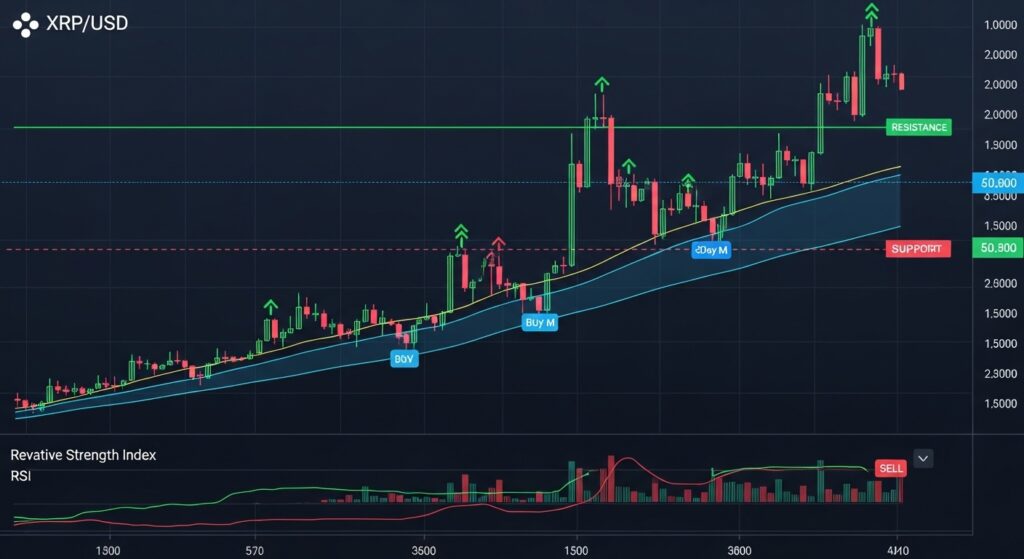 XRP technical analysis chart showing candlesticks, support and resistance levels, moving averages, and RSI indicator
