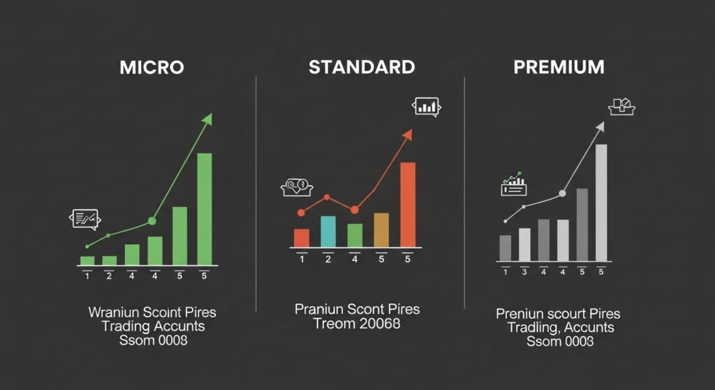 Infografía de cuentas estándar de forex mostrando progresión desde micro a estándar  a premium. Gráfico de barras ascendente con características de cada cuenta.