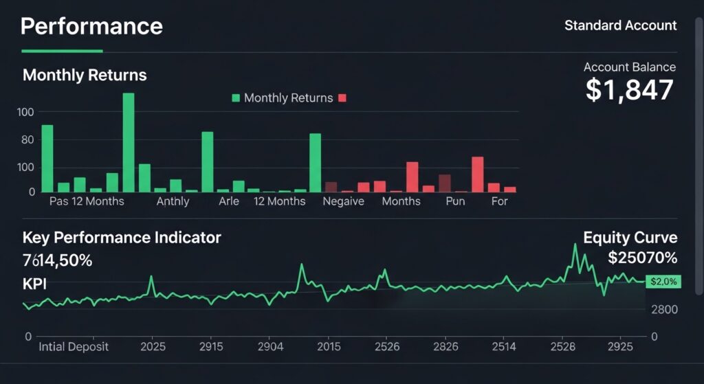 Panel de desempeño de cuenta estándar de forex mostrando rendimientos mensuales, tasa de ganancia y curva de capital para cuenta de $1,847