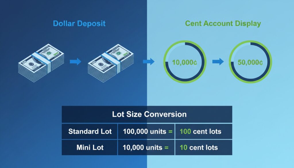 How cent account deposits convert from dollars to cents and how lot sizes translate on cent accounts