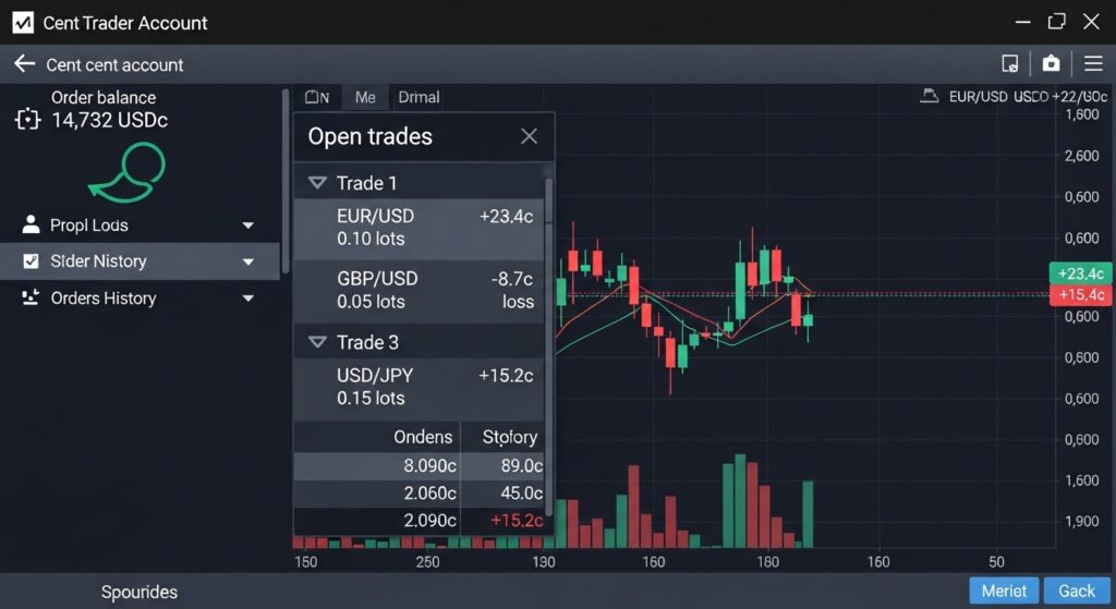 Forex cent account MetaTrader 4 platform showing balance in USD cents with micro lot positions