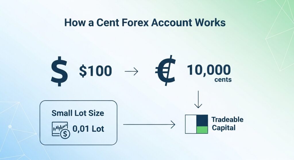 Ejemplo de cómo funcionan las cuentas cent forex con conversión de dólares a centavos
