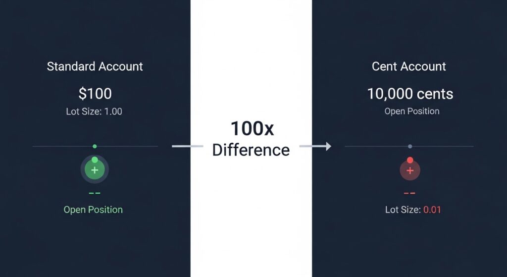 Comparación entre cuenta estándar y cuentas cent forex mostrando diferencia en tamaño de lote y riesgo