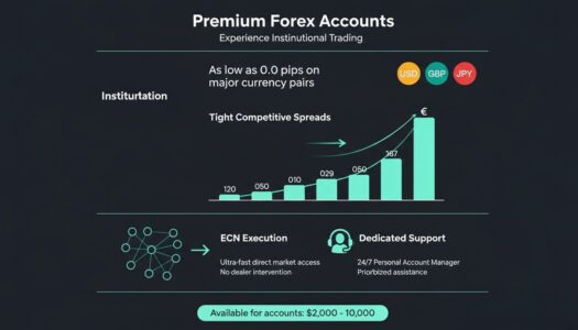 Infografía de cuentas premium forex con spreads institucionales, ejecución ECN y soporte dedicado para capitales de $2,000 a $10,000.