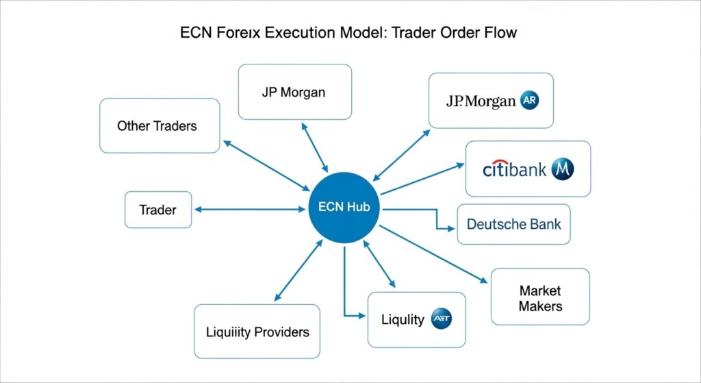 Premium Forex Accounts: Complete Guide for Serious Traders 2 ECN forex execution model diagram showing direct market access between traders and multiple liquidity providers