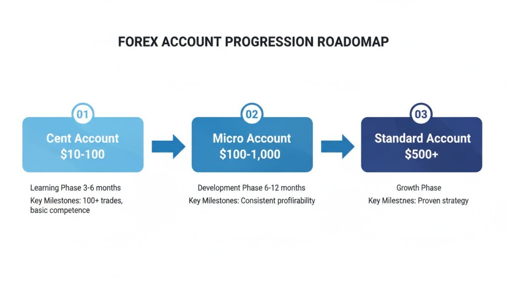 text: Forex trading account progression from cent accounts through micro to standard accounts showing typical timeframes