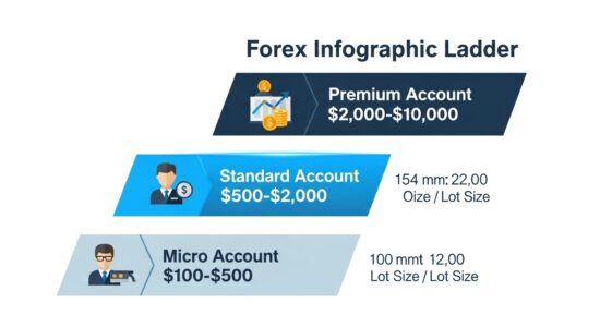 Standard forex accounts comparison infographic displaying account progression from micro ($100-$500) to standard ($500-$2,000) to premium ($2,000-$10,000)