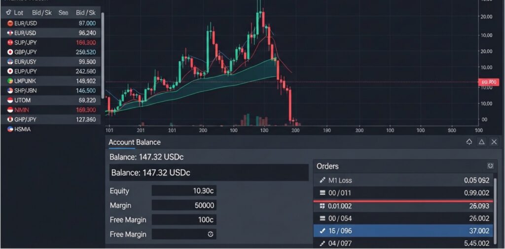 Forex cent account trading platform showing 147.32 USDc balance with live chart and open orders