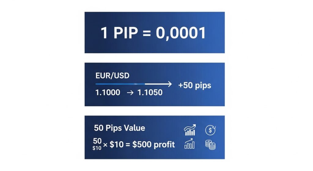 infographic explaining forex pips. Vertical layout with three sections