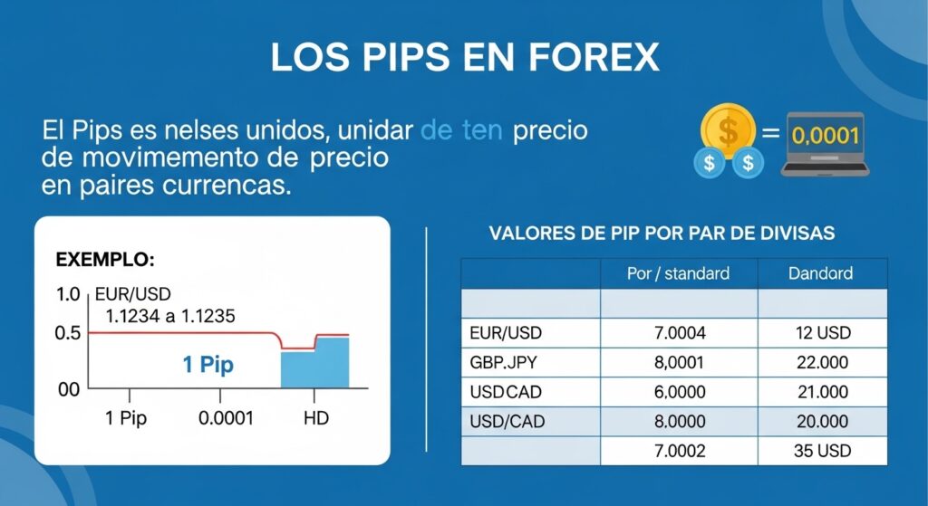 Ejemplo visual del cálculo de pips en forex en el par EUR/USD mostrando movimiento de 0.0001 y tabla de valores por par de divisas.