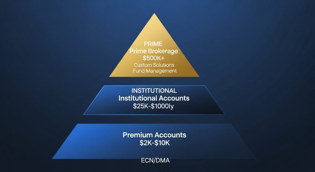 Institutional Forex Accounts: Complete Guide for Professional Traders 1 Institutional forex accounts infrastructure pyramid showing progression from premium to institutional to prime brokerage levels