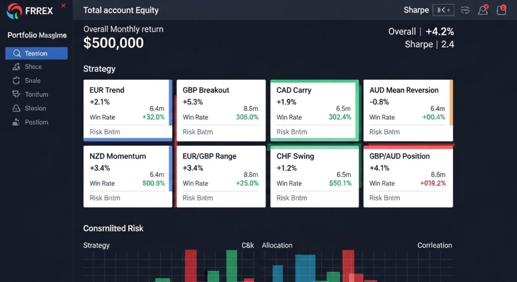 Institutional Forex Accounts: Complete Guide for Professional Traders 4 Institutional forex portfolio dashboard showing eight simultaneous strategies with consolidated risk management and performance metrics
