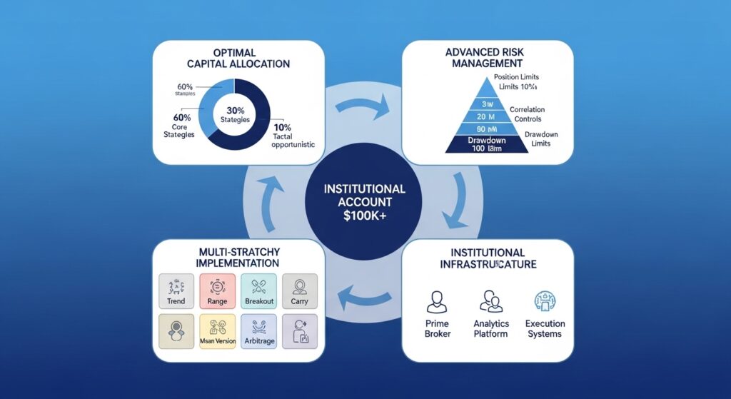 Institutional Forex Accounts: Complete Guide for Professional Traders 3 Institutional forex trading strategy framework showing capital allocation, risk management, multi-strategy implementation and infrastructure requirements
