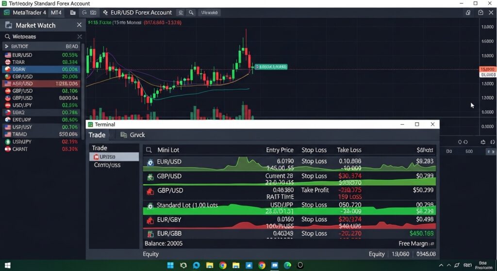 Plataforma MetaTrader de cuenta estándar de forex mostrando posiciones de mini y lote estándar con ganancia y pérdida en vivo