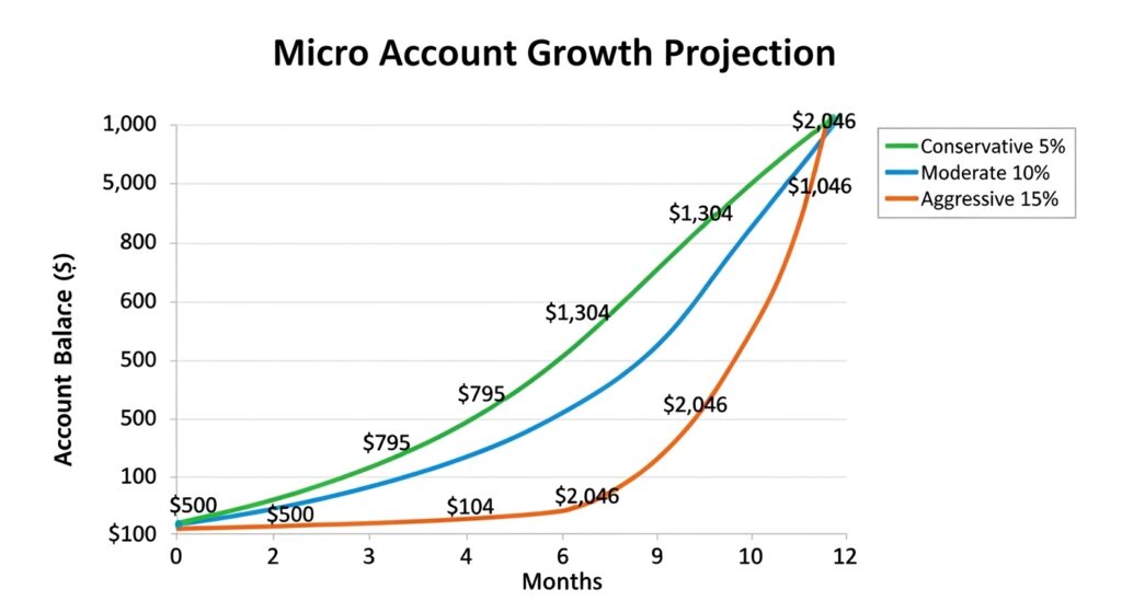 Forex Micro Accounts: Complete Guide for Small Capital Traders 4 Forex micro account growth projection showing 5%, 10%, and 15% monthly return scenarios over 12 months