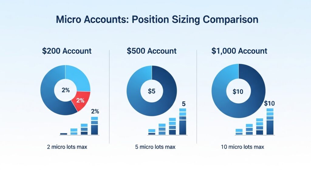 Forex Micro Accounts: Complete Guide for Small Capital Traders 3 Micro forex account position sizing guide showing proper lot sizes for $200, $500, and $1,000 accounts
