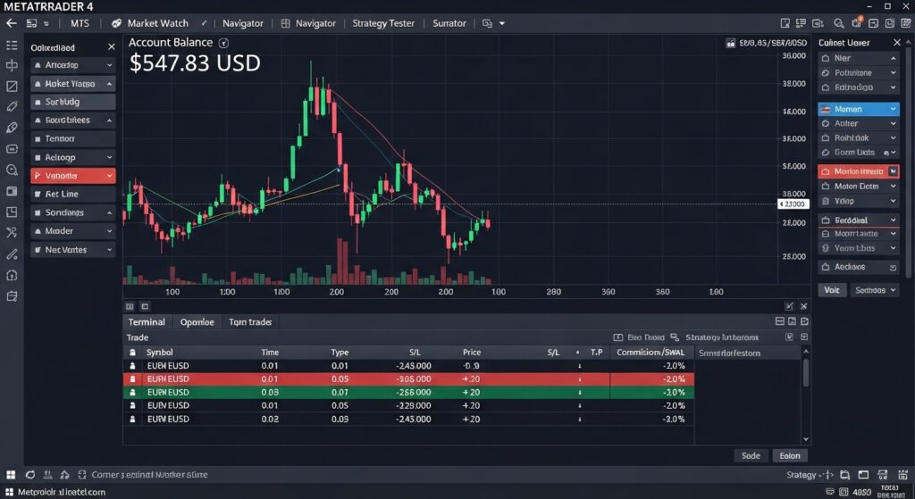 Forex Micro Accounts: Complete Guide for Small Capital Traders 1 MetaTrader 4 forex trading platform screenshot. Account balance $547.83 USD. Open trades showing micro lot sizes: 0.01, 0.05, 0.10 lots. EUR/USD chart with candlesticks. Orders panel showing small profits and losses. Professional trading interface, dark theme, realistic.