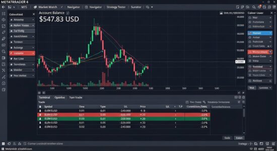 MetaTrader 4 forex trading platform screenshot. Account balance $547.83 USD. Open trades showing micro lot sizes: 0.01, 0.05, 0.10 lots. EUR/USD chart with candlesticks. Orders panel showing small profits and losses. Professional trading interface, dark theme, realistic.