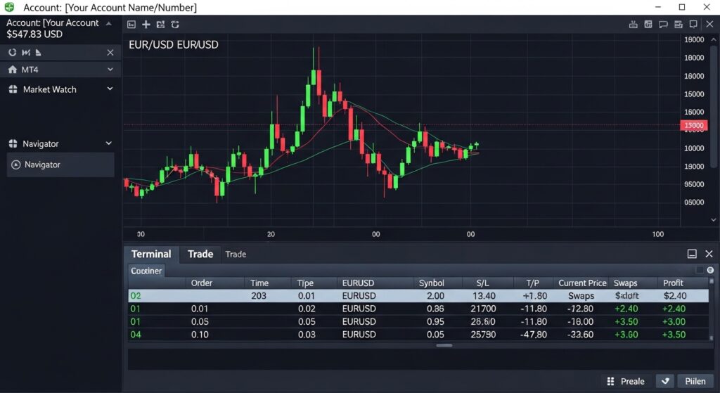 Forex Micro Accounts: Complete Guide for Small Capital Traders 2 MetaTrader 4 platform showing micro lot forex trading with realistic account balance and position sizes
